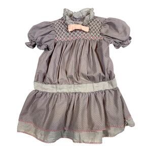 Polly Flinders Vintage Gray Pink Bow & Accents Hand Smocked Drop Waist 3T Dress
